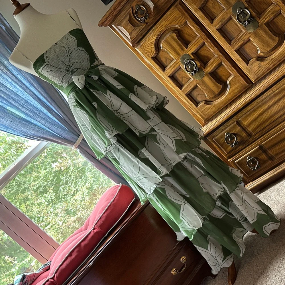 Long Green and White Dress floral dress with a tiered ruffle skirt and sash. - Picture 2 of 7